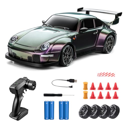 RC Drift Car 1/24 Gradient Remote Control Drift Car with LED Lights | For Adults and Kids, 4WD 20KM/H Low/High Speed Widebody RC Cars Extra Racing Tires, Vehicle for Beginners Indoor Outdoor Play - color: Green-purple