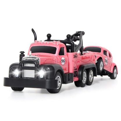 Mini Rc Truck,Tow Trucks Toy with Mini Metal Car Set 2PCS,City Service Vehicle Remote Control Tow Truck Toys for Kids Boys Gifts 3-5 4-7 8-12 Years Old, 1:64 Scale Cars Trailer Toy with Light (Pink) - color: Pink