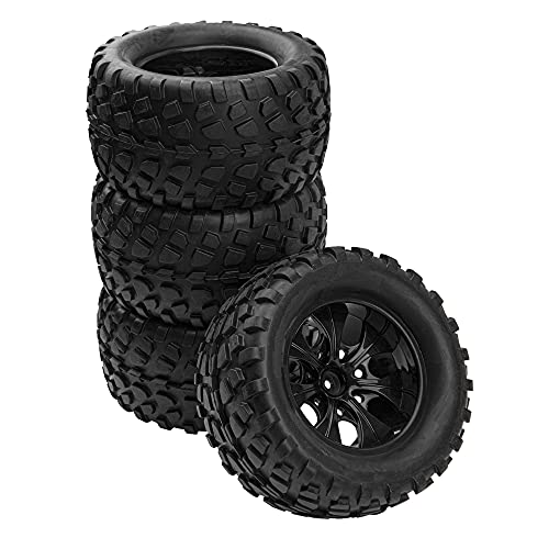 12mm Hub 5.07''OD Rubber Tires & Wheel Rim w/Foam Compatible with 1/10 Scale Traxxas Rustler Stampede HPI HSP Volcano Tamiya Blackfoot 1/10 Off-Road Crawler Monster Buggy Truck