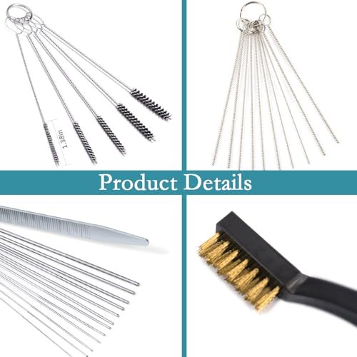 Carburetor Cleaner Tool Kit, Airbrush Torch Tip Cleaner Set Include 2 Single Head Brushes 30 Needles 15 Nylon Brushes 13 Cleaning Wires 1 Scraper 4 Clean Hooks for Motorcycle ATV Chainsaw Welder