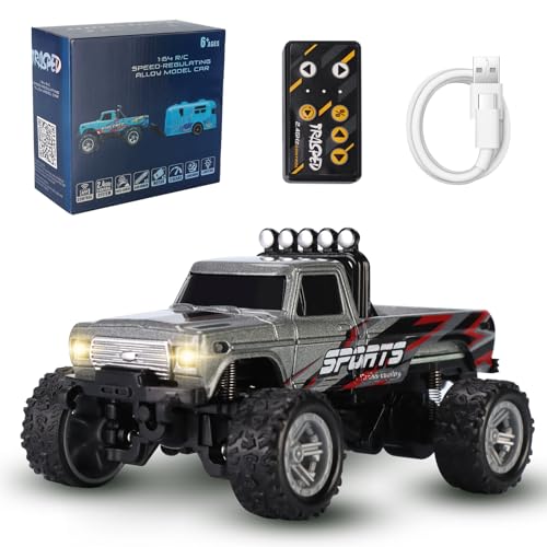 Mini RC Truck,1:64 Scale Monster Truck Remote Control Car with Lights, 2.4Ghz Remote Control RC Car and Trailer, Speed and Steering Adjustable (Gray) - color: Gray