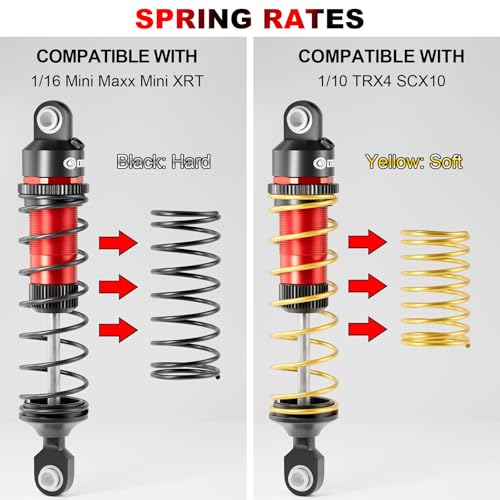 OGRC 92mm RC Shock Absorber for 1/16 Traxxas Mini Maxx XRT 1/10 TRX4 SCX10 | Aluminum, with Progressive Springs, Top-cap Bleeder Hole, Oil Shocks, Red - color: Red