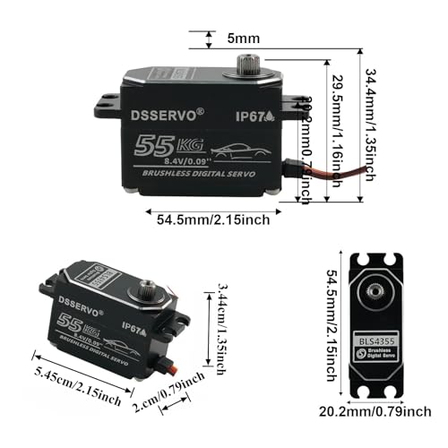 DSSERVO BLS4355 55KG Low Profile Brushless Digital Servo IP67 Waterproof Metal Gear, 0.09s, 180/270/360 Degree for RC Crawler Truck Robot Arm (180 Degree) | Low Profile Brushless IP67 Waterproof
