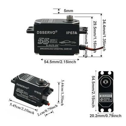 DSSERVO BLS4355 55KG Low Profile Brushless Digital Servo IP67 Waterproof Metal Gear, 0.09s, 180/270/360 Degree for RC Crawler Truck Robot Arm (180 Degree) | Low Profile Brushless IP67 Waterproof