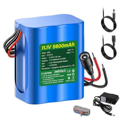 CITYORK 12V Lithium Battery 5600mAh with Charger, Bare-Leads, Cable Connector, 12V Rechargeable Battery for DIY Projects, Speaker Box, RC Car, LED Light Strip, CCTV Camera, etc (9-12.6V)