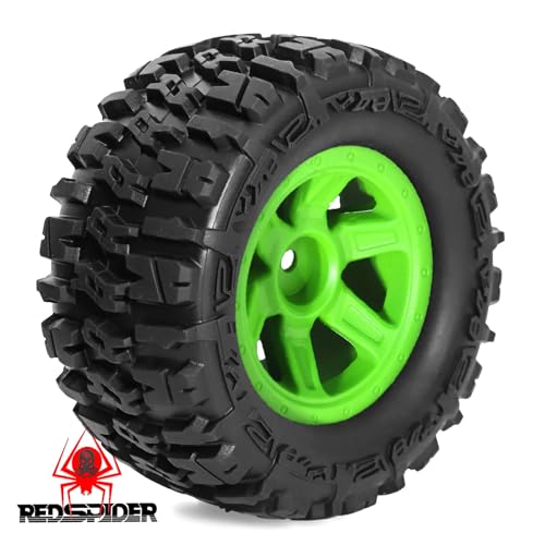 REDSPIDER 1/14 RC Monster Truck Wheel Rim Tires (4pcs) Hex 12mm OD 3.54'' for 1/12 1/14 1/16 RC Off Road Monster Truck TRX E-REVO Summit HPI SAVAGEGT-2XS REDCAT Volcano-16 (Green) - color: Green