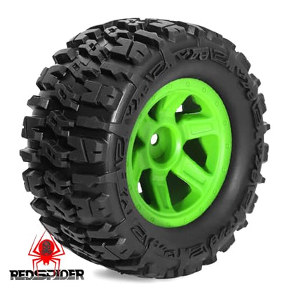 REDSPIDER 1/14 RC Monster Truck Wheel Rim Tires (4pcs) Hex 12mm OD 3.54'' for 1/12 1/14 1/16 RC Off Road Monster Truck TRX E-REVO Summit HPI SAVAGEGT-2XS REDCAT Volcano-16 (Green) - color: Green