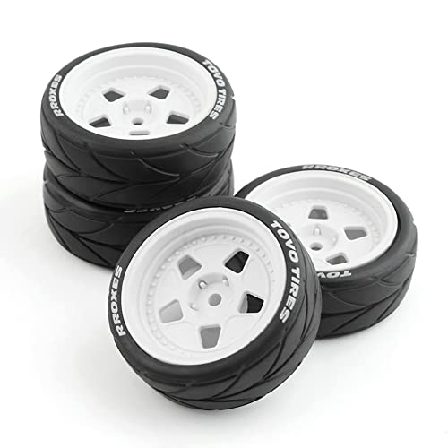 4PCS RC 1/10 On-Road Tires 65mm RC Rubber Tires w/Plastic Wheel Rim 12mm Hex Fit for 1/10 RC On-Road Rally Car HPI Tamiya TT01 TT02 Kyosho Wltoys 144001 - color: White 3