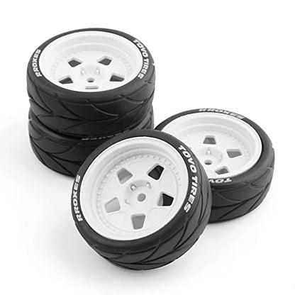4PCS RC 1/10 On-Road Tires 65mm RC Rubber Tires w/Plastic Wheel Rim 12mm Hex Fit for 1/10 RC On-Road Rally Car HPI Tamiya TT01 TT02 Kyosho Wltoys 144001 - color: White 3