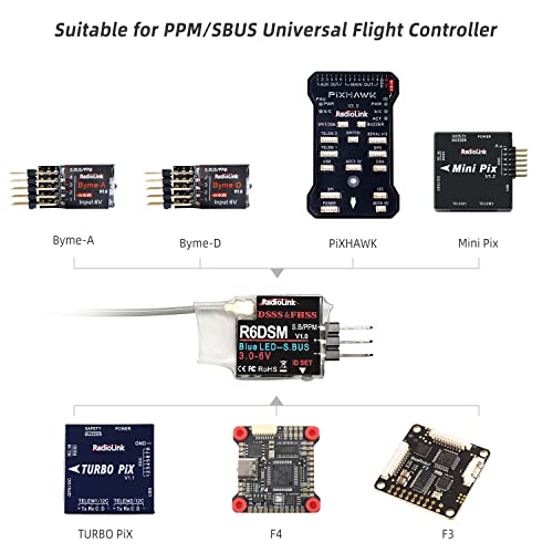 Radiolink R6DSM 2.4Ghz 10 Channels Micro RC Receiver SBUS/PPM for Mini FPV Racing Drone, Quadcopters Aircraft, AT9S AT9S Pro/AT10/AT10II Transmitter