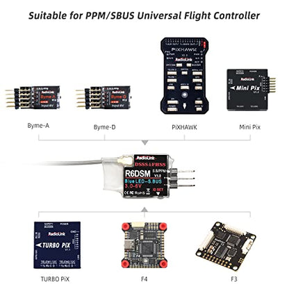Radiolink R6DSM 2.4Ghz 10 Channels Micro RC Receiver SBUS/PPM for Mini FPV Racing Drone, Quadcopters Aircraft, AT9S AT9S Pro/AT10/AT10II Transmitter