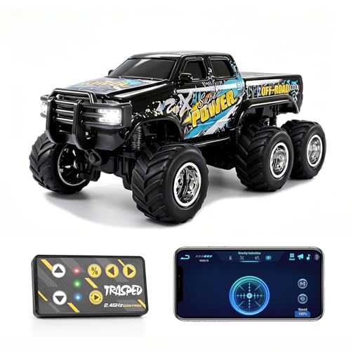 haomsj 1/64 Mini Rc Monster Truck 6x6 Off Road Remote Car for Kids & Adults | Sturdy Metal Car|3 Speeds|2.4G Flexible Remote Control|Long Lasting|Fast Charge|All-Terrain|Gift for Boys Age 3-12 - color: Black