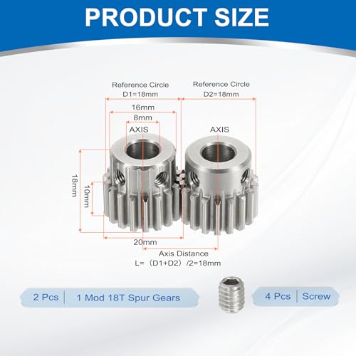 uxcell 2Pcs 1 Mod 18T Spur Gear 8mm Bore, 304 Stainless Steel Pinion Gear, 20°Pressure Angle, for Spur Rack and RC Model Car or Motor DIY(16mm) - size: 1 Mod 18T, 8mm x 16mm