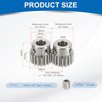 uxcell 2Pcs 1 Mod 18T Spur Gear 8mm Bore, 304 Stainless Steel Pinion Gear, 20°Pressure Angle, for Spur Rack and RC Model Car or Motor DIY(16mm) - size: 1 Mod 18T, 8mm x 16mm