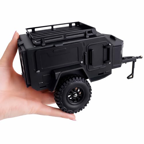 AMK 1/18 1/24 RC Crawler Trailer, Scale Off-Road Camping Trailer with Roof Rack & Storage Box, Tow Trailer for SCX24 TRX4M FCX24 AX24 Bronco Defender K10 F150 RC Accessories (Black) - color: Black