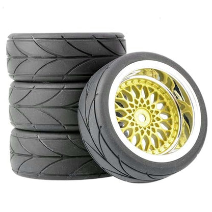4PCS/Set 64mm Rubber Tires & Plating Plastic Wheels Rims Replacement Part for 1/10 RC On-Road Touring Car Racing Car (Gold, Offset 3mm) - color: Gold, size: Offset 3mm