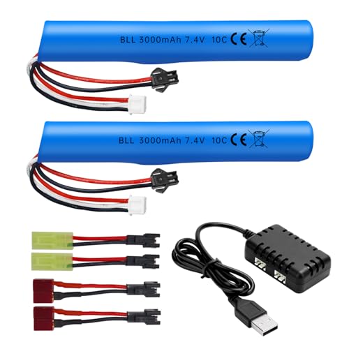 2PCS 7.4V 10C 3000mAh with SM-2P Plug with 2-in-1 Charger for MP5K M4 M110 SRB1200 SRB400 SRB400-SUB Airsoft Gel Bead Toy Gun Remote Control Toy Car Battery