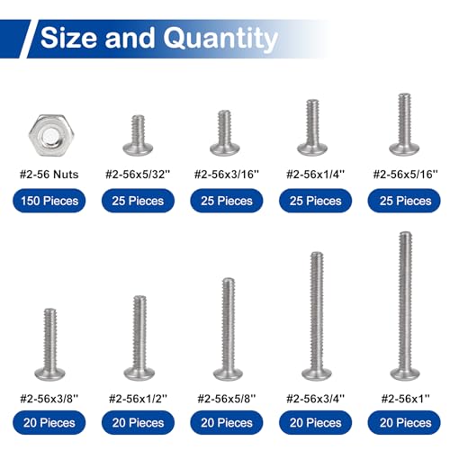 #2-56 Phillips Pan Head Machine Screws Nuts Assortment Kit, 5/32"-1" Length | 350Pcs, 304 Stainless Steel 18-8, UNC Fully Threaded, 9 Sizes for RC Model, 3D Printer, Electronics, Precision Device Repair - size: #2-56