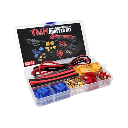 TMH 52 Pcs T-Plug EC3 XT60 Male and Female Plug Adapter Connector Kit with 14 AWG Silicone Wire + Heat Shrink Tubing, Compatible for RC ESC Lipo Battery Motor (Total 52 PCS) - size: 52 Pcs