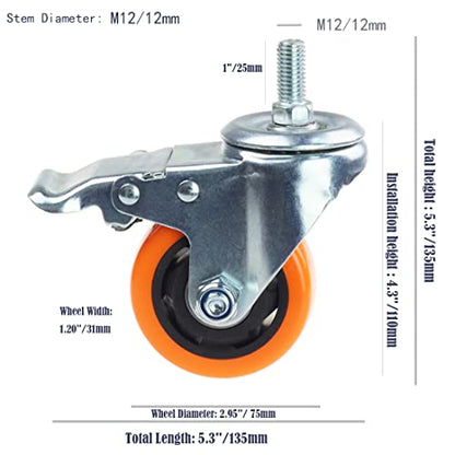 Heavy Duty Swivel Wheels, 3 Inch Yellow PVC Casters with Metric Stem M12-1.75x25mm Double Brakes Castors Safety Wheels up to 1200 Lbs/Set for Industry and Furniture Set of 4 - style: 3 Inch with Brake