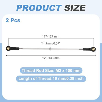 MECCANIXITY 2Pcs RC Boat Push Rod, 304 Stainless Steel Lever Steering Linkage Tie Rods with M2 Ball Head Joint for RC Car Boat Helicopter DIY Model Parts, 123-133mm - size: 123-133mm