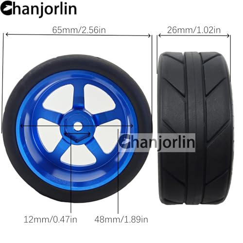 1/10 On Road Racing Tires And 5-Spoke Aluminum Wheels 12mm Hex OD 2.56" RC Touring Tyres For 1:10 Rally Street Drift Car Tamiya TT01 TT02 XV01 A959 PTG2 KYOSHO HSP Traxxas 4PCS (Blue) - color: Blue