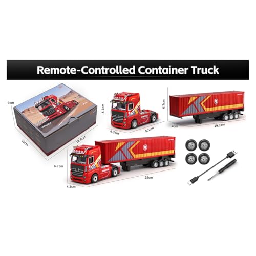 1/64 RC Container Truck Model, 2.4G 4WD Semi-Tractor Trailer with Independent Lifting Support Legs, Proportional Steering, 3-Speed Cruise Control & LED Sound System, Adult Desktop Hobbyist RTR (Red)