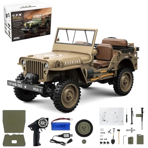 HG4-58 RC Off-Road Truck, 1/14 Scale All Terrain Dual-Speed 4WD Crawler with Sound & Lights, RTR Willys Military RC Truck Car for Hobby Enthusiasts - color: Desert Yellow