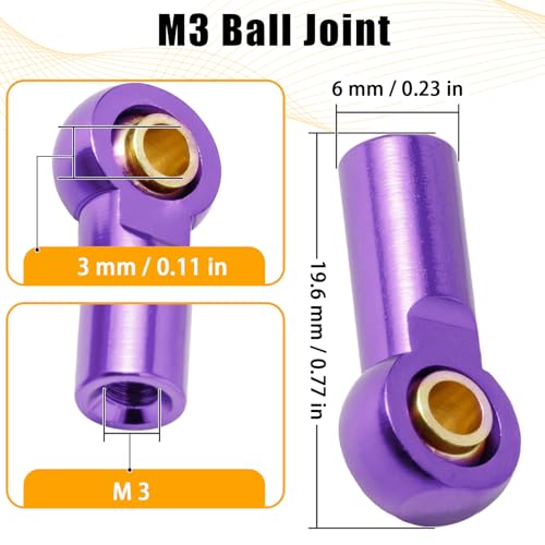10PCS Aluminum M3 Tie Rod End Ball Joint Link Ball Head Holder 3mm RC Car Upgrade Parts, Compatible with Tamiya HSP Traxxas TRX4 Axial SCX10 D90 1/10 RC Car Truck Buggy Crawler, Purple - color: Purple