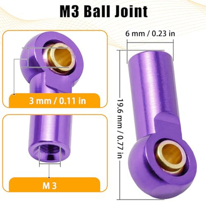 10PCS Aluminum M3 Tie Rod End Ball Joint Link Ball Head Holder 3mm RC Car Upgrade Parts, Compatible with Tamiya HSP Traxxas TRX4 Axial SCX10 D90 1/10 RC Car Truck Buggy Crawler, Purple - color: Purple