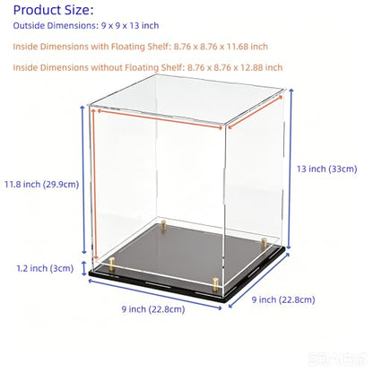 Acrylic Display Case with Raised Shelf, Clear Display Box with Black Base & Gold Standoffs, Dustproof Showcase for Collectibles, Figures, Model Cars – Easy Assembly (9×9×13 Inch) - size: 9"L x 9"W x 13"H
