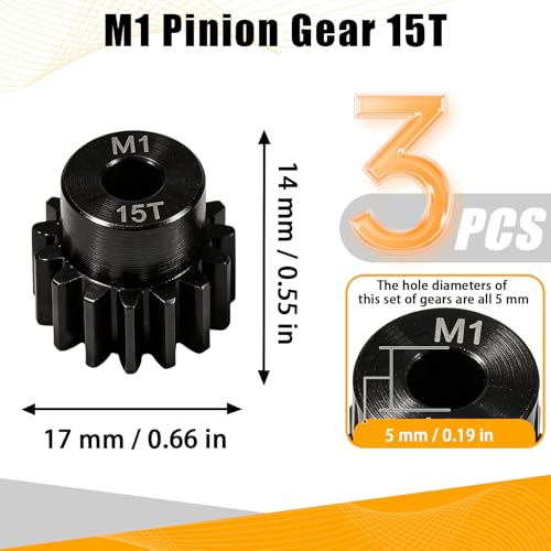M1 Gear 15T 5mm Bore 3-Pack – High-Precision Hardened Steel Motor Pinion Gear for 1/8 1/10 RC Crawler, Monster Truck, Short Course Truck & Boat (Compatible with Traxxas Axial, FMS, HSP Redcat Losi) - style: M1 3Pcs 15T
