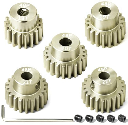 5Pcs 48P Aluminum Alloy Pinion Gear Set 3.175mm 18T 19T 20T 21T 22T Motor Pinion Gear W/ M4 Screw and Hex Key, Fit 3.175mm (1/8-Inch) Shaft, for Arrma HPI Kyosho Losi Axial Traxxas Tamiya 1/10 RC Car - size: 48P-P-3.175mm-18-22T