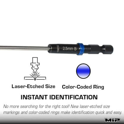 MIP Ball End Metric RC 1/4" Hex Bit 9210S 2.5mm – Hex Head Allen Wrench Drill Tools Tool Bits for Screwdrivers, Electric Screwguns, and Power Drills For RC Cars - Made in USA - size: 2.5mm - Ball End Hex