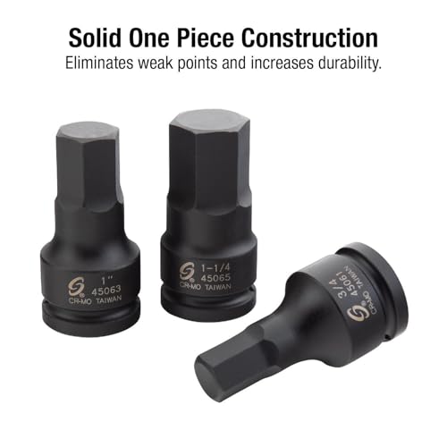 SUNEX TOOLS 4506, 3/4 Inch Drive Impact Hex Driver Set, 5-Pieces, SAE, 3/4" - 1-1/4", Cr-Mo Steel, Solid One Piece Construction, Dual Size Markings, Heavy Duty Storage Case