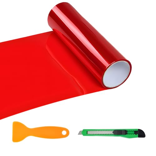 Sun Walker Car Light Tint Film, 12 x 48 Inch Waterproof Taillight Wrap Film Roll with Squeegee & Cutter, Self-Adhesive Vinyl Sticker Sheet Roll for Headlights Fog Lights Tail Lights (Red) - color: Red