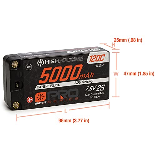 Spektrum 7.6V 5000mAh 2S 120C Smart Pro Race Shorty Hardcase LiHV Battery: Tubes, 5mm, SPMX52S120HT