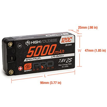 Spektrum 7.6V 5000mAh 2S 120C Smart Pro Race Shorty Hardcase LiHV Battery: Tubes, 5mm, SPMX52S120HT