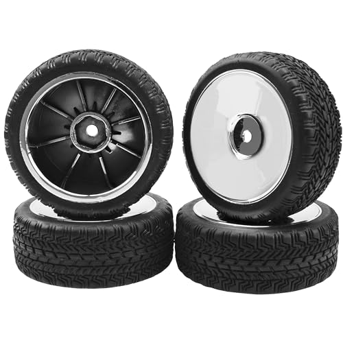 4Pcs 2.59in Rubber Tires & 12mm Hex Plastic Wheel Rims Set Compatible with Traxxas Kyosho HPI RS4 Tamiya TT01 TT02 Sakura D4 HSP 1/10 RC On-Road Touring Car (Silver)
