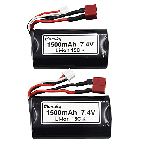 Blomiky 2 Pack 7.4V 1500mAh 15C Li-ion Rechargeable Battery with T Plug Connector and USB Cable for 9155 and 9156 1:12 Scale High Speed RC Truck 9156