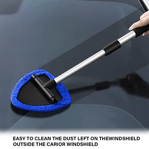 Moly Magnolia Windshield Cleaner Tool, 4 Pads, 19.29 Inch Reach, Blue | For sedans, SUVs, trucks, washable microfiber covers, 180° swivel head, aluminum shaft, PP grip, car interior accessories - color: Blue
