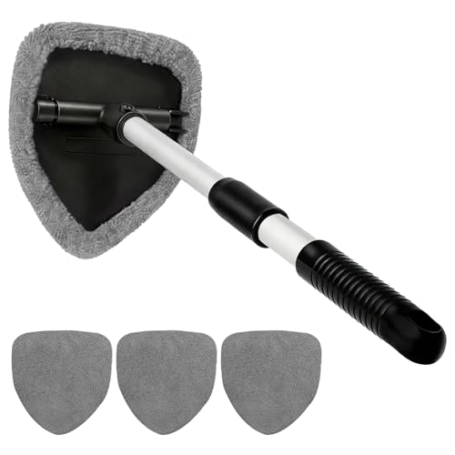 Windshield Cleaner Tool, Windshield Cleaning Tool, Car Window Detailing Cleaning Kit with Extendable Handle and Reusable Microfiber Pads, Auto Glass Wiper Brush for Car Office Home (Grey) - color: Grey