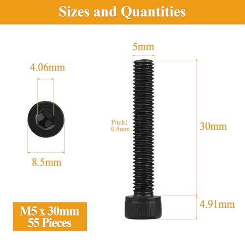 55 Pieces M5 x 30mm Socket Head Cap Screws, Thread Pitch 0.8mm, Sutemribor M5 Black Screws, 12.9 Grade Alloy Steel, Black Oxide Finish, Fully Threaded - size: M5 x 30mm, style: Socket Head