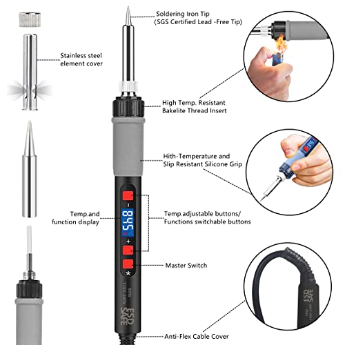 Soldering Iron Kit, 80W Electric Solder iron, Adjustable Temperature (180°C- 500°C）, With Multimeter, Magnifier Welding Helping Hand, Heat shrink tubing, Solder Wire, Desoldering pump. - color: Red (14-in-1 Soldering Iron Kit)