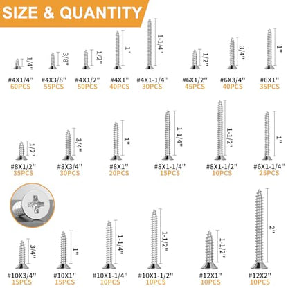 VIGRUE 560Pcs Stainless Steel Wood Screws Set #4#6#8#10#12 Phillips Countersunk Sheet Metal Screws Self Tapping Assortment Kit, Length 1/4" to 2" - style: 560pcs Flat head #4 #6 #8 #10 #12