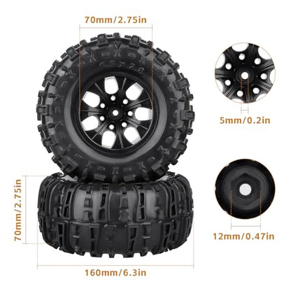 Pre-Glued Huge OD 6.3"(160mm) 1/10 RC Truck Tires and Wheels Set 2.8 RC Tires 12mm Hex for Traxxas Rustler Hoss Stampede 4x4 & 2WD Redcat Blackout 1/10 Scale RC Monster Truck Replacement
