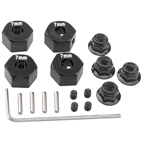 Metal 12mm Hex Wheel Hubs 7mm Thick Drive Adapters with Flanged Lock Nuts Compatible with Traxxas 1/10 4WD Rustler Slash Stampede RC Car，Replace Part 1654 (Black) - color: Black