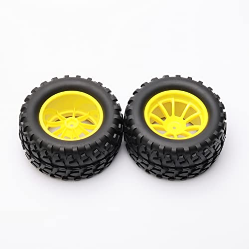 4PCS RC Rubber Tire 12mm Hex Wheels 1/10 Scale Monster Truck Yellow | Gravel Tread, 5 Spokes Wheel Rim