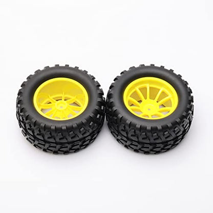 4PCS RC Rubber Tire 12mm Hex Wheels 1/10 Scale Monster Truck Yellow | Gravel Tread, 5 Spokes Wheel Rim