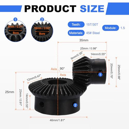 uxcell 2Pcs Tapered Bevel Gears Set, 1.5 Mod 1:2 (15T/30T) Harden Steel Straight Bevel Gear, 90 Degree Steering Motor Gears, (8/16mm Shaft Hole with Keyway) - size: 8/16mm